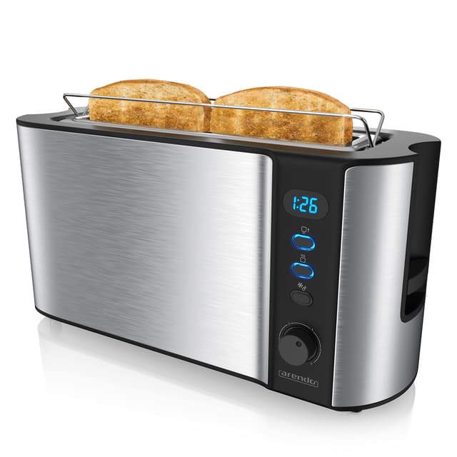 Arendo - Toaster Langschlitz Edelstahl - 2 Scheiben - Defrost Funktion - Wärmeisolierendes Doppelwandgehäuse - mit Brötchenaufsatz - herausziehbare Krümelschublade - Silber Edelstahl G: Silber