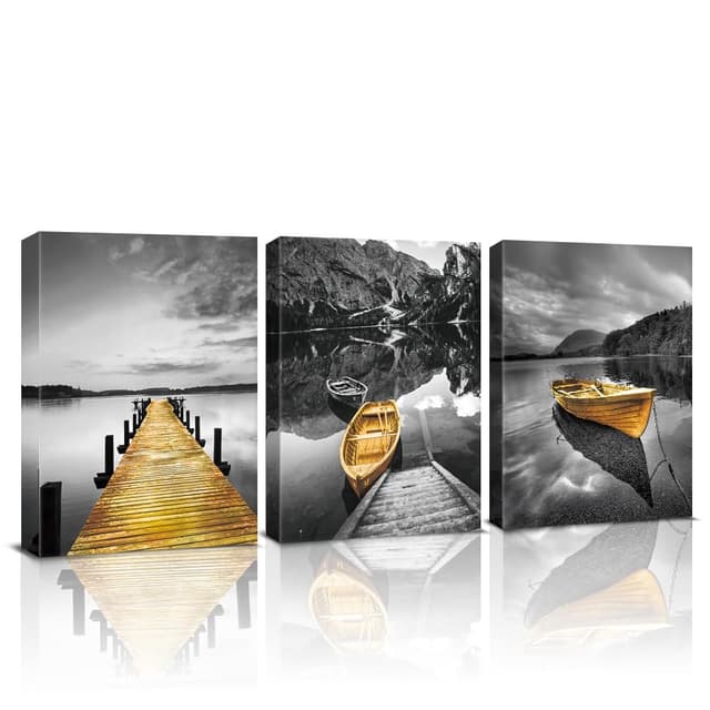HPNIUB Bilder mit Rahmen Landschaft Natur, Wandbild Grau Gelb Nordischer Boot, Modern Berge und See Panorama Kunstdruck Deko für Wohnzimmer Schlafzimmer Küche Esszimmer und Badezimmer