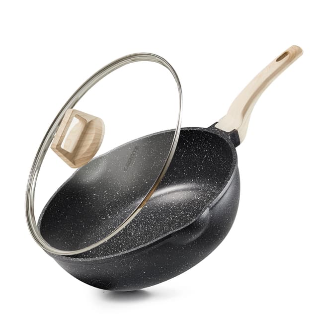CAROTE Bratpfanne Wokpfanne mit Deckel 32 cm 6.1L,Pfanne mit Antihaftbeschichtung,Tiefe Bratpfanne Für alle Herdarten inklusive Induktion Schwarz 32cm