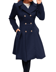 GRACE KARIN Damen Mantel Wintercoat Revers Zweireihiger Mantel Knielang Trenchcoat Winter Lang A-Linie Jacke Outwear M Navyblau-knopf