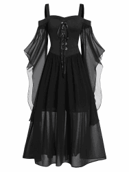 CHARMMA Gothic Halloween Kleid Kostüm Damen,Übergröße A-Linie Schnüren Maxi Kleider mit Schmetterlingsärmeln für Frauen,Festliches Vintage Schwarz Hexenkleid Cosplay Club Party Dress Schwarz 5XL