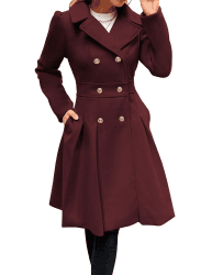 GRACE KARIN Damen Mantel Wintercoat Revers Zweireihiger Mantel Knielang Trenchcoat Winter Lang A-Linie Jacke Outwear XXL Weinrot-knopf