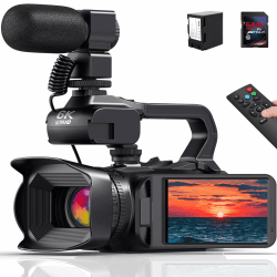 Videokamera 6K Camcorder 64MP 18X Digitalzoom Vlogging Kamera mit IR Nachtsicht für YouTube, HD Webcam Camera WiFi Videokamera mit 4500mAh Akku, SD-Karte, Stabilisator, Mikrofon und 2,4G Fernbedienung Schwarz6K