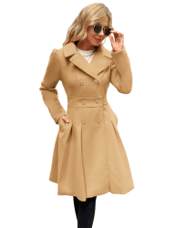 GRACE KARIN Damen Mantel Wintercoat Revers Zweireihiger Mantel Knielang Trenchcoat Winter Lang A-Linie Jacke Outwear L Khaki-knopf
