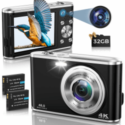 Digitalkamera, AutoFocus 4K Fotoapparat Digitalkamera mit Dual-Kamera mit 32GB Speicherkarte HD 48MP 16X Digitalzoom 2,8" großem Bildschirm Kompaktkamera Fotokamera für Einsteiger（Schwarz）