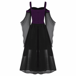 CHARMMA Gothic Halloween Kleid Kostüm Damen,Übergröße A-Linie Schnüren Maxi Kleider mit Schmetterlingsärmeln für Frauen,Festliches Vintage Schwarz Hexenkleid Cosplay Club Party Dress Violett L