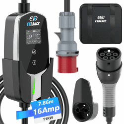 EVDANCE Mobile Wallbox 11kW [7.8m 3-Phasig 6-16A] Typ 2 Ladekabel CEE 16A auf Typ 2 mit Einstellbarer Ladeleistung für Elektroauto, Silber Silber 11kW_16A