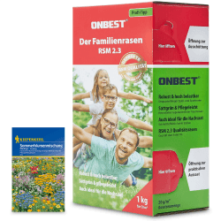 ONBEST Qualitäts Rasensamen RSM 2.3 für die ganze Familie – 1kg Sport und Spielrasen – strapazierfähig, sattgrün & pflegeleichter Rasen/Gras – Samen ideal für Neuansaat und Nachsaat – Mit Blumensamen