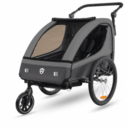 Tiggo VS Kinderanhänger 360° Drehbar mit Federung 2in1 Fahrradanhänger mit Buggy Set Jogger 5-Punkt Gurt Fahrrad Anhänger für 1 bis 2 Kinder max. 40kg Dunkel Grau