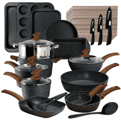 Küche Induktion Kochgeschirr & Backgeschirr Set - 30-teiliges schwarzes Granit-Kochpfannen-Set, antihaftbeschichtete Töpfe und Pfannen Set 30 PCS Cookware Set Schwarz
