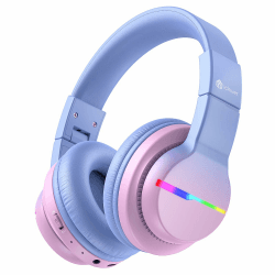 iClever Bluetooth Kinder Kopfhörer, Farbige LED-Leuchten, Kinderkopfhörer Over-Ear mit 74/85/94dB Lautstärkebegrenzung, 85 Stunden Spielzeit, Bluetooth 5.2, eingebautes Mikrofon BTH12 Farbverlauf rosa