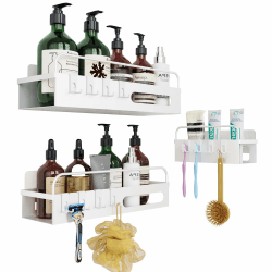 Uamector Duschablage ohne Bohren - 3 Stück Badezimmer Regal Duschkorb Shampoo Halterung - Rostfrei Duschregal für Duschgel mit 12 Haken und 8 Silikonpads (Legierter Stahl) Eisenplatte 3 Stück Weiß