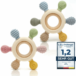 CAJA Beißring Baby 2 Stück - Beißspielzeug Zahnungshilfe aus Silikon & Holz, BPA-frei, CE-zertifiziert, Zahnen & Greifring für Babys - Sicheres Baby Spielzeug (complexion + complexion A)
