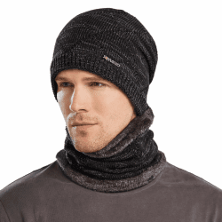 Bequemer Laden Herren Winter Warm Beanie Mütze und Loop Schal Set mit Fleece Gefütterte Thermo Wintermütze Strickmütze Mützen Schlauchschal Schals Geschenk Männer Z Schwarz