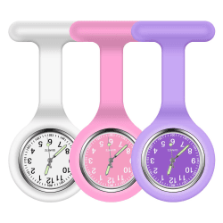 Vicloon Krankenschwester Uhren,3 Pcs Schwesternuhren mit Clip, Dehnbare Silikon Hülle, um Bruch zu Verhindern, Glow Pointer, Quarzwerk, Ansteckuhr für Krankenschwestern und Ärzte Hellviolett, Weiß, Rosa