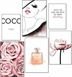 artpin® Moderne Poster Set - Bilder Wohnzimmer Deko Schlafzimmer - Bilderwand ohne Rahmen - Designer Fashion Wandbilder COCO Rose 4x A3 | 2x A4 - W4 W4 4x A3 | 2x A4