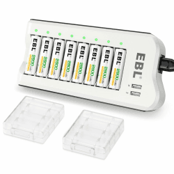 EBL Akku ladegerät mit AA Akku 2800mAh 8 Stück - Batterieladegerät mit 2-USB Port für AA, AAA, NI-MH Akkus und USB Geräte, Multischutz, LED Anzeige für Akkus Ladegerät mit 8*AA