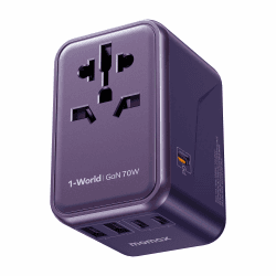 MOMAX Reiseadapter Weltweit 70W GaN Schnellladen, Universal Reisestecker für Vision Pro mit 2USBA, 3USB C,1AC, Internationaler Steckdosenadapter 6 Geräte gleichzeitig Aufladen für USA UK AUS EU 70W Lila