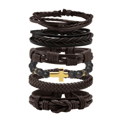 MILAKOO 6 STK. Geflochtenes Lederarmband für Männer Frauen Holz Perlen Manschette Wickelarmband verstellbar brown/Vulkangestein