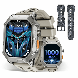 OUKITEL Smartwatch Herren BT80, 1000mAh Akku für 30 Tage Nutzung Militär herrenuhr 5ATM Wasserdicht, 2,13 Zoll AMOLED Display mit Herzfrequenz Schlafüberwachung Kompass Luftdruck, 100+ Sportmodi silbrig