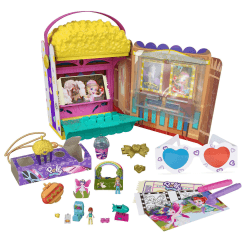 Polly Pocket GVC96 - Popcorn-Box Spielset, Popcorntüten-förmige Box, die zum Kino-Abenteuer Wird, kleine Polly & Lila Puppen, + 15 Überraschungen, Spielzeug Geschenk für Kinder ab 4 Jahren