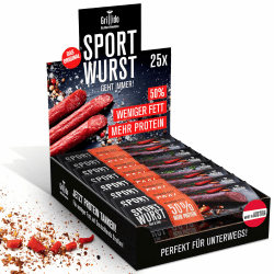 Grillido 25x Low Fat Sport Wurst Rind & Chili 500g mit 42% mehr Protein - Snack Salami, Beef jerky, Wurstpaket, Würstchen, Trockenfleisch, Trockenfleisch für Menschen, Salami Sticks, Mini Salami