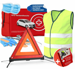 TK Gruppe Timo Klingler 3 in 1 - Auto Erste Hilfe Set 2024 - KFZ Verbandskasten Pkw - Verbandskasten & Warnweste EN ISO 20471 & Warndreieck Set - Autozubehör & Pannenset & Unfall 1x