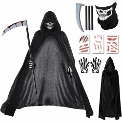 BARVERE Halloween Kostüm Herren, 2024 Sensenmann Kostüm Herren mit Sensemann Umhang, Halloween Sense und Handschuhe, Halloween Kostüm Herren Gruselig für Erwachsene Halloween Party, Cosplay, Karneval