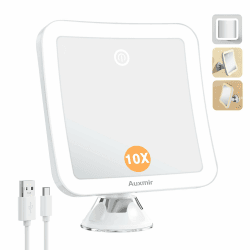 Auxmir Wiederaufladbarer Kosmetikspiegel mit Licht, 10 Fach Vergrößerung Vergrößerungsspiegel, 2000mAh Make-up Spiegel Beleuchtet mit Kräftig Saugnapf, 360° Drehbar Rasierspiegel für Reise Badezimmer 10X-Wiederaufladbar