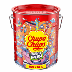 Chupa Chups Best of Lollipop-Eimer, enthält 150 Lutscher in 5 Geschmacksrichtungen in der Pop-Art Metall-Dose, praktische Aufbewahrungs-Dose, für Halloween, 150 x 12g Single