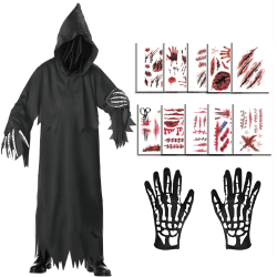 Halloween Kostüm Herren,Gewand Des Sensenmanns mit Maskenhandschuhen Halloween Kostüm Erwachsene Unisex Halloween Rollenspiel,Mit 10 Halloween Tattoo Gesicht