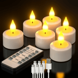 PChero LED Teelichter Wiederaufladbar mit Timer Fernbedienung, 6er Set Elektrische Flammenlose LED Kerzen Aufladbar mit Timerfunktion Flackernde für Halloween Silvester Saisonale Deko Weihnachten 6 Stück