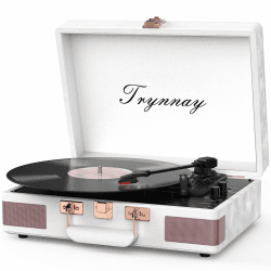 Trynnay Plattenspieler Schallplattenspieler 3-Gang-Bluetooth, tragbarer Koffer-Vinyl-Player mit integrierten Lautsprechern, Plattenspieler, verbesserter Audio-Sound Gewachstes Leder, Weiß