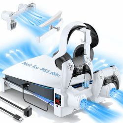 Tokluck PS5 Horizontaler Ständer mit 3-stufigen Lüftern für Playstation 5 Konsole, PS5 Zubehör Lüfter mit PS5 Controller Ladestation, PS5 Kühler mit Headset-Halterung und Schraube, USB-C-Kabel