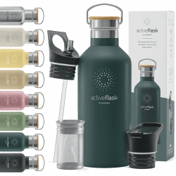 Trinkflasche Edelstahl mit Strohhalm, Infuser + 3 Deckel: BPA-frei, Auslaufsicher, Kohlensäure geeignet - Wasserflasche Fahrrad Thermosflasche Isoliert Isolierflasche Sport Wasser Flasche Kinder Tee 950ml Dark Teal Bamboo