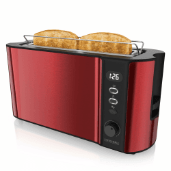 Arendo - Toaster Langschlitz 2 Scheiben - Defrost Funktion - 1000W - Doppelwandgehäuse - Integrierter Brötchenaufsatz - Bräunungsgrade 1-6 - Display mit Restzeitanzeige - Karminrot Metallic B: Karminrot