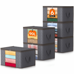 Lifewit 6 Stück 90L Große Aufbewahrungstasche Schrank Organizer Set, Faltbar Kleideraufbewahrung mit verstärkt Griff, stabilem Reißverschluss für Kleidung, Bettwäsche, Bettdecken, Steppdecke, Grau 6 90L