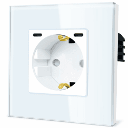 TAWOIA Schuko Steckdose mit Type C (MAX 20W) Schnellladeschnittstelle,EU-Standard 1 Fach Steckdosen mit Kristall Glas Platte Wandsteckdosen Weiß 86 * 86mm Weiß 1 Fach + Type C