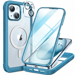 Miracase 360 Grad für iPhone 15 Hülle Magnetisch mit Eingebaut Glas Schutzfolie und Kameraschutz, Stoßfest Komplettschutz Handyhülle für iPhone 15 Schutzhüllen 6,1 Zoll, Blau iPhone 15 6.1" Mag Blau