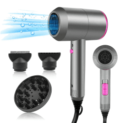 HappyGoo Föhn Ionen Haartrockner AC Motor Professioneller Fön mit 3 Hitze-Einstellungen, Kaltlufttaste mit 1 Diffusor & 2 Konzentratoren für viele Frisuren Grau