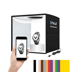 PULUZ Fotostudio Lichtbox 25cm Lichtzelte Fotografie klein Light Box Tragbare Faltbare Desktop Schießzelt Box mit 6 Pieces 12 Color Hintergründe Kit Hintergrund Dimmbares LED-Ringlicht Fotobox 25cm x 25cm x 25cm Schwarz