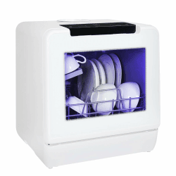 Mini Geschirrspüler,Freistehender Tischgeschirrspüler,Tragbarer Geschirrspüler mit 6+4 Programme, Integriertem 5 Liter Wassertank, mit/ohne Wasseranschluss benutzbar, Touch Control Weiß-quadratisches Fenster