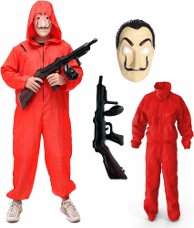 TK Gruppe Timo Klingler Kostümheld® Kostüm Set - Haus des Geldes 3 in 1 Unisex für Erwachsene Unisex mit Dali Salvador Maske, Gewehr, Anzug für Fasching & Halloween 180-200 cm