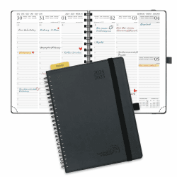 POPRUN Kalender 2024 2025 Wochenplaner Ringbuch mit Softcover, ca. A5 (22 x 16,5 cm), 17-Monate-Terminplaner (Aug.2024-Dez.2025) 1 Woche 2 Seite mit FSC®-Zertifiziertem Papier - Schwarz Medium-22 x 16,5 cm Schwarz