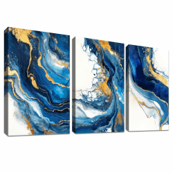 HALFLEMART 3Pcs Gold Marineblau Mit Rahmen Leinwand Bilder Abstrakte Nordischer Marmor Bild auf Leinwand Malerei Poster Wandbilder Wanddeko Wohnzimmer Schlafzimmer Dekorationen 90x40cm (12"x16"x3pcs) Nordischer Marmor Gold Treibsand 30x40cmx3