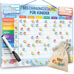 Edubini Belohnungstafel für Kinder - [100 AUFGABEN + 350 Magnete] - Belohnungssystem für Verantwortung - Montessori Magnettafel, Wochenplaner Kinder, ADHS Hilfsmittel - inkl. Tasche, Stift (Weltraum)