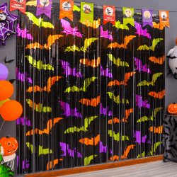 LOLStar Halloween Deko Party Dekorationen 2-Pack Grün Orange Lila Fledermaus Muster Foto Kabine Props, 3.3 X 6.6 ft Halloween Folie Fringe Vorhänge, Halloween Foto Hintergrund Streamer