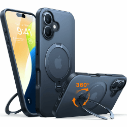 TORRAS 360° Ostand Spin für iPhone 16 Hülle für Magsafe (Magnetischer Robust Standring) Zertifizierte Militärschutz, Matt Rückseite Hülle für iPhone 16 Case Schlank Schwarz Schwarz iPhone 16