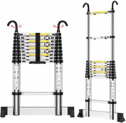 Teenza Teleskopleiter 2,9m, Aluminium-Haushaltsleiter mit Haken, TragfäHigkeit 150kg, füR Den Zugang Zum Dachboden, Zum Streichen, Zum Anlegen Eines Gartens, usw. 2,9 m
