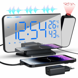 TAKRINK Wecker Digital Radiowecker mit 4 Stufen Bildschirmhelligkeit Projektionswecker mit Temperatur Wecker mit Projektion Dual-Alarm Type-C Ladegerät 180° Projektor Projektion 12/24H Hellblau